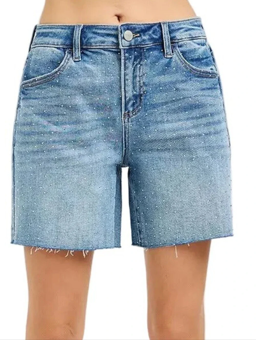 Risen Rhinestone Speckled Baggy Raw Hem Mid Length Weekend Sparkle Denim Shorts